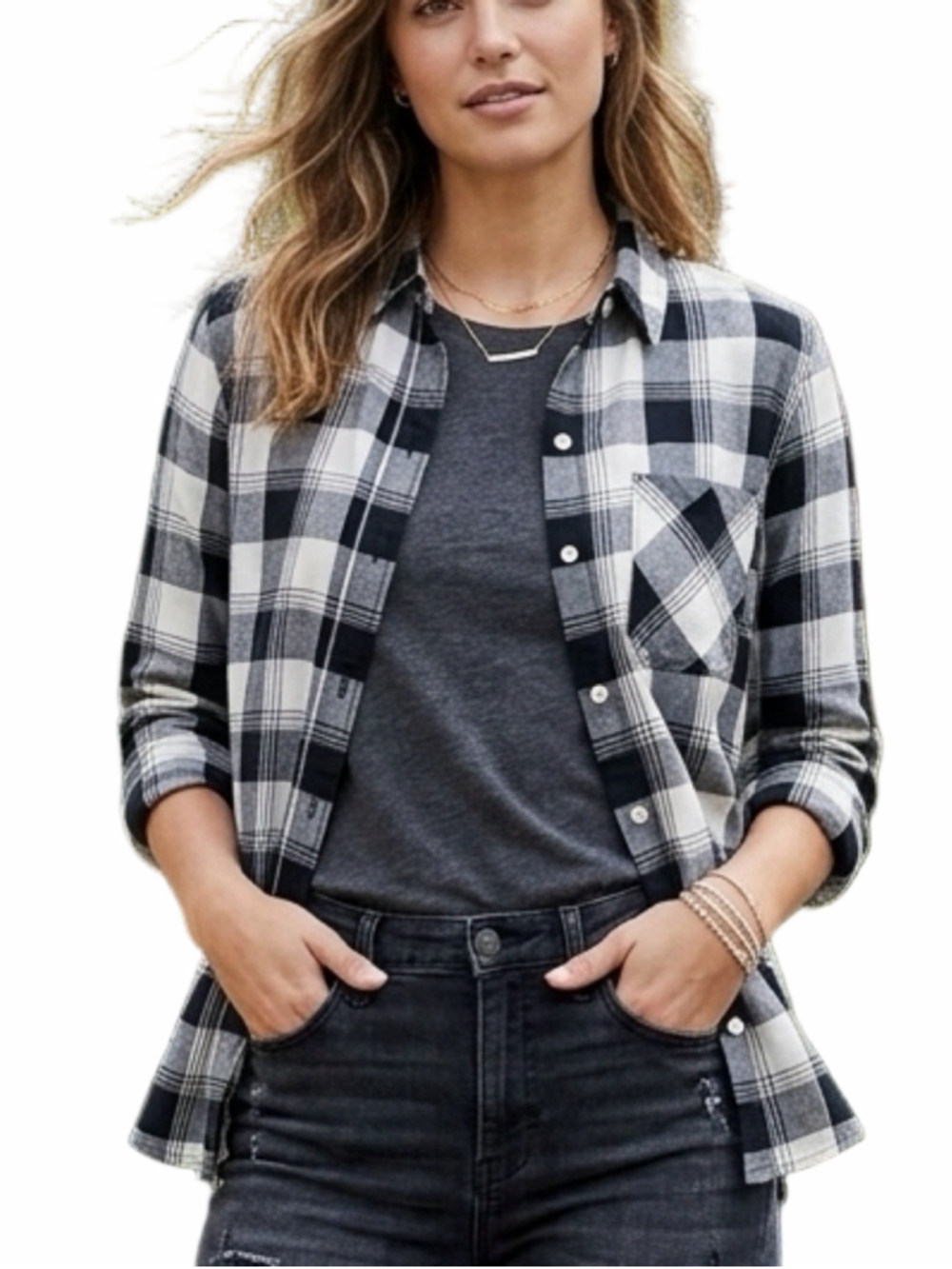 Aeropostale Womens Plaid Flannel Shirt Black White Buffalo Check grunge S 1557